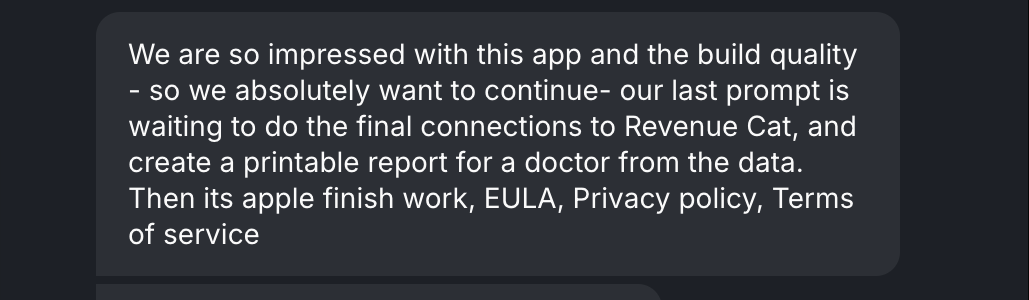 Screenshot of the original message from Rose M.: "We are so impressed with this app and the build quality - so we absolutely want to continue"
